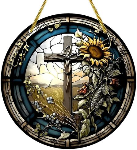 Colorful Acrylic Suncatcher, Stained Glass Cross Sunflower Window 7-inch Hanging Window Wall Art Decor with Printed Stained Glass Style Design, Gift Idea & Garden Ornament Indoor Outdoor Use in Kuwait