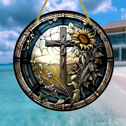 Colorful Acrylic Suncatcher, Stained Glass Cross Sunflower Window 7-inch Hanging Window Wall Art Decor with Printed Stained Glass Style Design, Gift Idea & Garden Ornament Indoor Outdoor Use in Kuwait