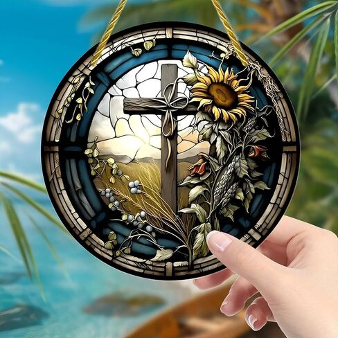 Colorful Acrylic Suncatcher, Stained Glass Cross Sunflower Window 7-inch Hanging Window Wall Art Decor with Printed Stained Glass Style Design, Gift Idea & Garden Ornament Indoor Outdoor Use in Kuwait