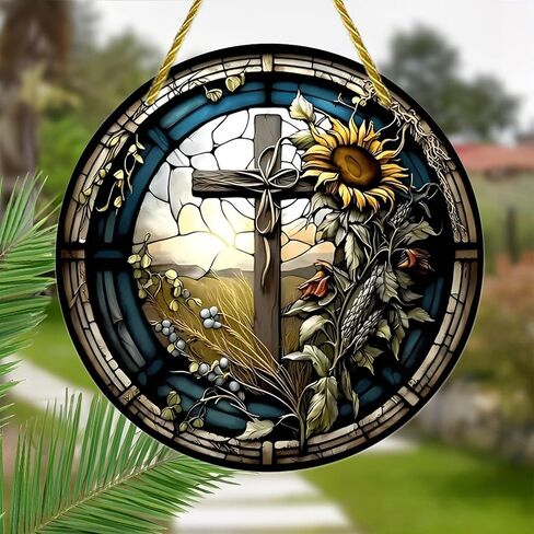 Colorful Acrylic Suncatcher, Stained Glass Cross Sunflower Window 7-inch Hanging Window Wall Art Decor with Printed Stained Glass Style Design, Gift Idea & Garden Ornament Indoor Outdoor Use in Kuwait
