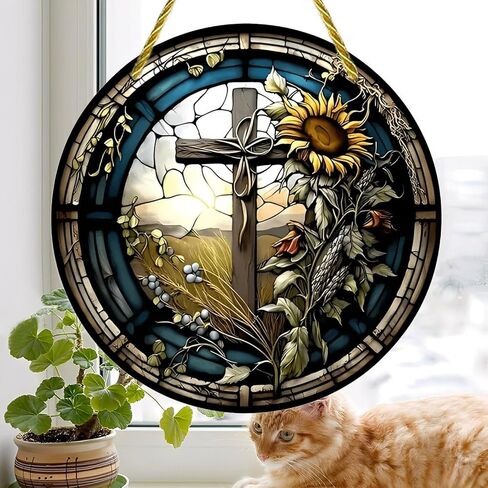Colorful Acrylic Suncatcher, Stained Glass Cross Sunflower Window 7-inch Hanging Window Wall Art Decor with Printed Stained Glass Style Design, Gift Idea & Garden Ornament Indoor Outdoor Use in Kuwait
