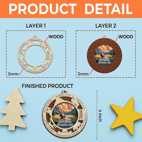 Yellowstone National Park Christmas Ornament, 2 Layer Wood Laser Cut Design, Holiday Tree Decoration, Travel Souvenir Gift, Geysers, Wildlife & Old Faithful Memory in Kuwait