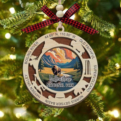 Yellowstone National Park Christmas Ornament, 2 Layer Wood Laser Cut Design, Holiday Tree Decoration, Travel Souvenir Gift, Geysers, Wildlife & Old Faithful Memory in Kuwait