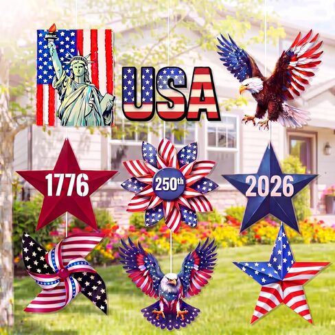 Pinkunn 9 Pcs Large 12 Inch 4th of July Outdoor Plastic Hanging Ornaments 9 Style 250th Anniversary Independence Day Patriotic Decor Red White Blue Yard Patriotic Eagle American Flag Star Ornaments in Kuwait
