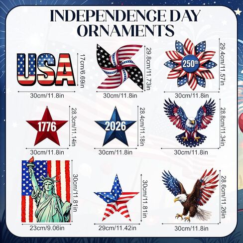 Pinkunn 9 Pcs Large 12 Inch 4th of July Outdoor Plastic Hanging Ornaments 9 Style 250th Anniversary Independence Day Patriotic Decor Red White Blue Yard Patriotic Eagle American Flag Star Ornaments in Kuwait