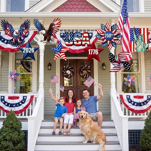 Pinkunn 9 Pcs Large 12 Inch 4th of July Outdoor Plastic Hanging Ornaments 9 Style 250th Anniversary Independence Day Patriotic Decor Red White Blue Yard Patriotic Eagle American Flag Star Ornaments in Kuwait