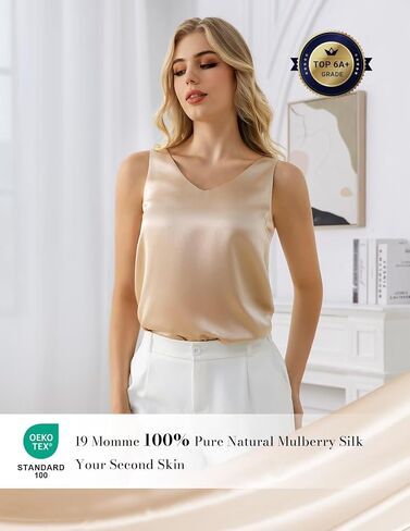 THXSILK 100% Mulberry Silk Tank Tops for Women V-Neck Sleeveless Camisole with Silk Lining Loose Fit Summer Tank Shirt in Saudi Arabia