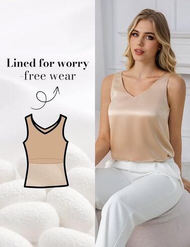 THXSILK 100% Mulberry Silk Tank Tops for Women V-Neck Sleeveless Camisole with Silk Lining Loose Fit Summer Tank Shirt in Saudi Arabia