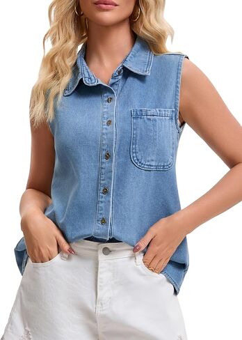 Women's Denim Tank Top Sleeveless Button Down Shirts with Pockets Collared Jean Shirt in Saudi Arabia