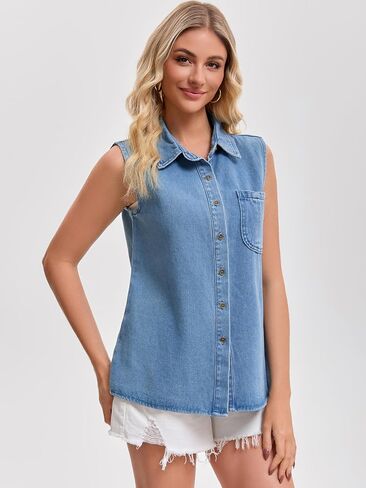 Women's Denim Tank Top Sleeveless Button Down Shirts with Pockets Collared Jean Shirt in Saudi Arabia