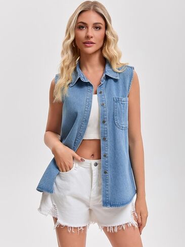 Women's Denim Tank Top Sleeveless Button Down Shirts with Pockets Collared Jean Shirt in Saudi Arabia