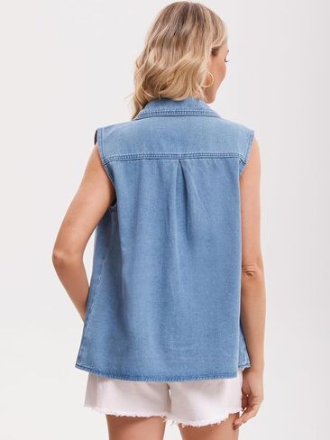 Women's Denim Tank Top Sleeveless Button Down Shirts with Pockets Collared Jean Shirt in Saudi Arabia