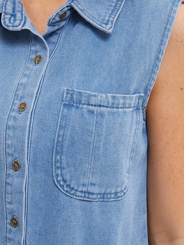 Women's Denim Tank Top Sleeveless Button Down Shirts with Pockets Collared Jean Shirt in Saudi Arabia