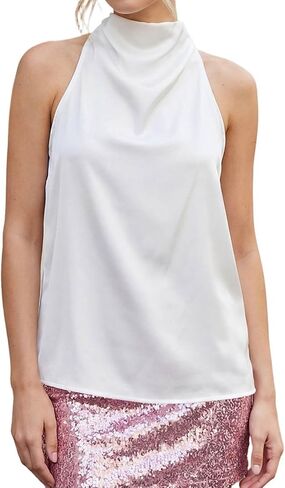 Women's Silk Satin High Neck Halter Top Summer Loose Fit Sleeveless Mock Neck Blouse Tank Top for Business Casual in Saudi Arabia