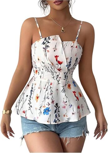 OYOANGLE Women's Floral Sleeveless Peplum Top Spaghetti Strap Smocked Ruffle Camisole Boho Tops in Saudi Arabia