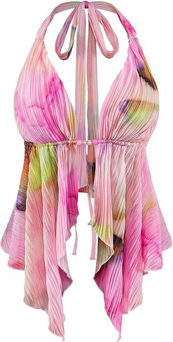 SHENHE Women's Boho Floral Halter Top Open Back Split Front Ruffle Asymmetrical Flowy Beach Top in Saudi Arabia