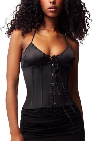 Women Sexy Satin Halter Tank Tops V Neck Lace Up Front Spaghetti Strap Overbust Bustier Y2k Rave Outfit Camisole in Saudi Arabia