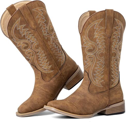 Extra Wide Calf Cowboy Boots for Women – Square Toe Western Boots with Side Hidden Elastic for Big Calves, Lightweight & Removable Cushion, No More Struggle Fit in Saudi Arabia