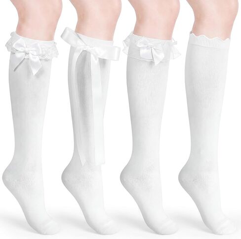 Chicingyou 4 Pairs Women's Lace Ruffle Knee High Socks Girl's Knee Stockings with Bow Trim Dress Socks in Kuwait