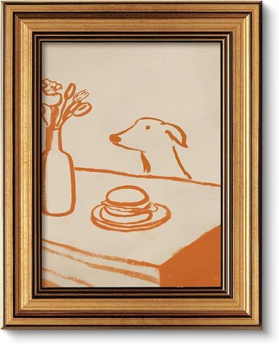 ARPEOTCY Gold Framed Wall Art, Kitchen Wall Art, Sneaky Dog Breakfast Wall Decor, Abstract Whimsical Animal Sketch Canvas Prints Artwork, Still Life Vintage Shelf Decor for Dining Room Living Room Office, 8x10 Inch in Saudi Arabia