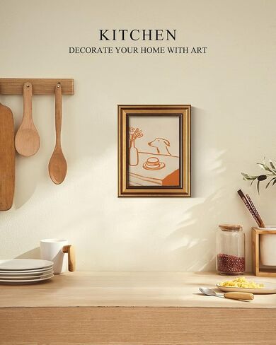 ARPEOTCY Gold Framed Wall Art, Kitchen Wall Art, Sneaky Dog Breakfast Wall Decor, Abstract Whimsical Animal Sketch Canvas Prints Artwork, Still Life Vintage Shelf Decor for Dining Room Living Room Office, 8x10 Inch in Saudi Arabia