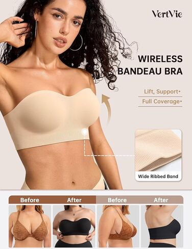 Vertvie Strapless Push Up Bra Wireless Seamless Bandeau Tube Top Padded Bralette (Beige,XX-Large,Plain Jersey) in Kuwait