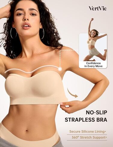 Vertvie Strapless Push Up Bra Wireless Seamless Bandeau Tube Top Padded Bralette (Beige,XX-Large,Plain Jersey) in Kuwait