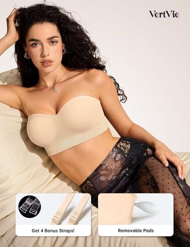 Vertvie Strapless Push Up Bra Wireless Seamless Bandeau Tube Top Padded Bralette (Beige,XX-Large,Plain Jersey) in Kuwait