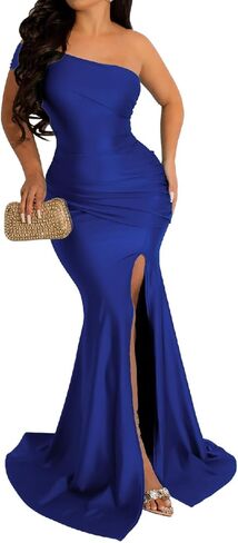 Womens One Shoulder Sexy V-Neck High Split Long Maxi Dress, Formal Cocktail Party Evening Gown Dress in Saudi Arabia