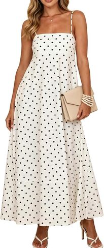Women's Summer Maxi Dresses Spaghetti Strap Polka Dot Striped Flowy Swing Beach Vacation Sundress in Kuwait