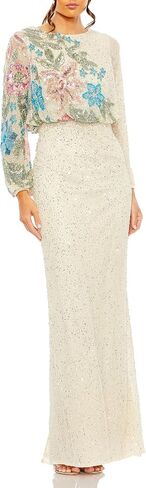 Mac Duggal Beaded Mesh Boat Neck Bishop Sleeve Column Gown in Saudi Arabia