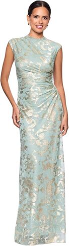 Betsy & Adam Women’s Metallic Floral Print Mock Neck Sleeveless Knit Sheath Gown with Ruched Waist, Standard & Petite Sizes in Saudi Arabia