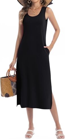 Midi Dresses for Women Summer Casual Tshirt Sleeveless Scoop Neck Tank Dress Side Split Vacation Beach Sundress with Pockets in Saudi Arabia