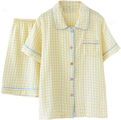 Womens Pajamas for women Set Gingham Cotton Gauze Short Sleeve Tops and Shorts Pjs Plaid Lounge Set in Saudi Arabia