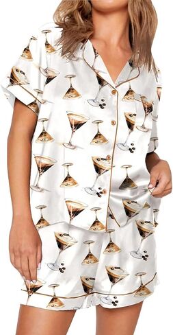 Women's Print Pajama Sets Short Sleeved 2 Pieces Top Shorts Sleepwear Button Down Loungewear Pjs Set in Saudi Arabia