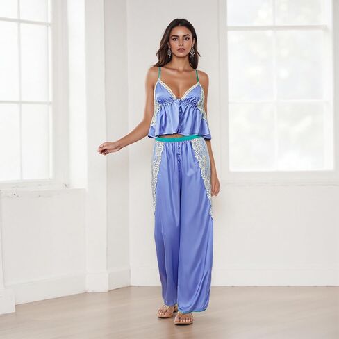 أطقم بيجامات نسائية دانتيل مرقع وحمالات رفيعة مكشكشة مع سروال فضفاض طقم من الساتان والحرير Pj Set in Kuwait