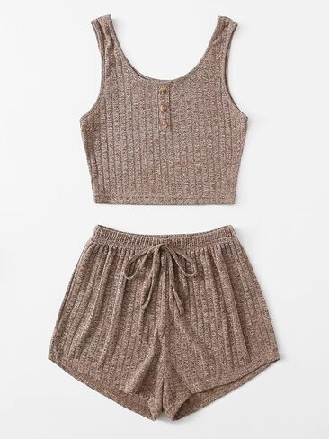 Women's Button Front Casual Rib-knit Sleep Tank Top and Sleep Shorts Solid in Kuwait