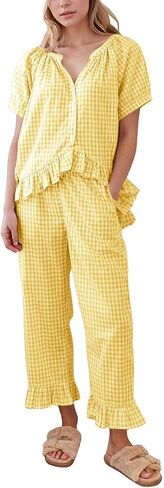 Womens 2 Piece Gingham Pajamas Set Cute Plaid Pjs Cotton Short Sleeve Babydoll Shirt Ruffle Pants Lounge Sets Yellow in Saudi Arabia