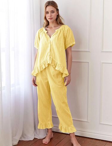 Womens 2 Piece Gingham Pajamas Set Cute Plaid Pjs Cotton Short Sleeve Babydoll Shirt Ruffle Pants Lounge Sets Yellow in Saudi Arabia