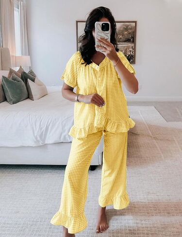 Womens 2 Piece Gingham Pajamas Set Cute Plaid Pjs Cotton Short Sleeve Babydoll Shirt Ruffle Pants Lounge Sets Yellow in Saudi Arabia