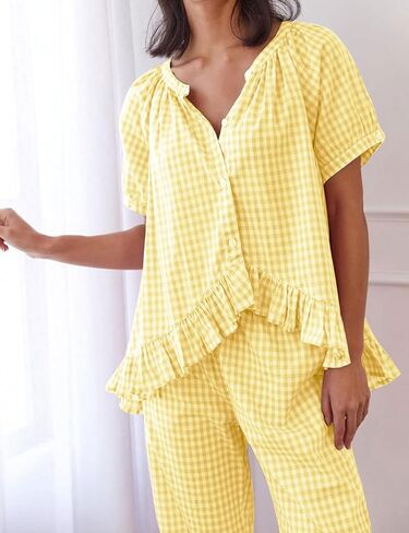 Womens 2 Piece Gingham Pajamas Set Cute Plaid Pjs Cotton Short Sleeve Babydoll Shirt Ruffle Pants Lounge Sets Yellow in Saudi Arabia
