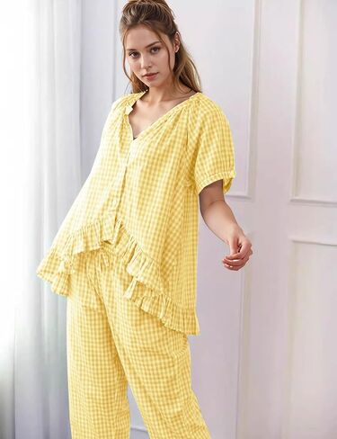 Womens 2 Piece Gingham Pajamas Set Cute Plaid Pjs Cotton Short Sleeve Babydoll Shirt Ruffle Pants Lounge Sets Yellow in Saudi Arabia