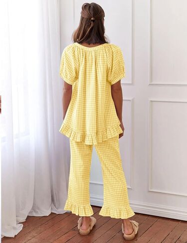 Womens 2 Piece Gingham Pajamas Set Cute Plaid Pjs Cotton Short Sleeve Babydoll Shirt Ruffle Pants Lounge Sets Yellow in Saudi Arabia