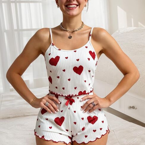 Womens Pajama Sets Lounge Set Ribbed Pj Printed Sleepwear Sleeveless Cami Crop Top and Shorts 2 Piece Outfits Soft Loungewear in Kuwait