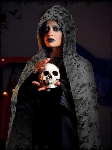 Fourluoo Halloween Tattered Cloak Grim Reaper Hooded Cape Retro Medieval Ghost Black Cape for Adult Halloween Wizard Cosplay in Kuwait