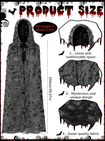 Fourluoo Halloween Tattered Cloak Grim Reaper Hooded Cape Retro Medieval Ghost Black Cape for Adult Halloween Wizard Cosplay in Kuwait
