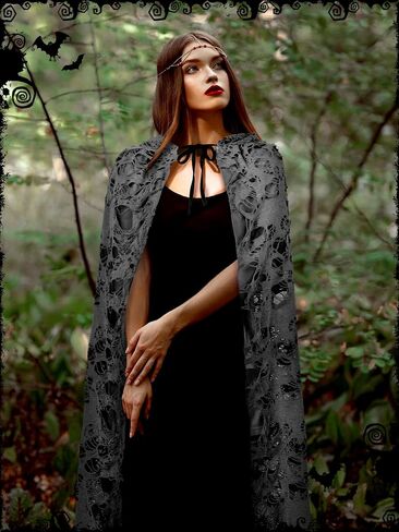 Fourluoo Halloween Tattered Cloak Grim Reaper Hooded Cape Retro Medieval Ghost Black Cape for Adult Halloween Wizard Cosplay in Kuwait