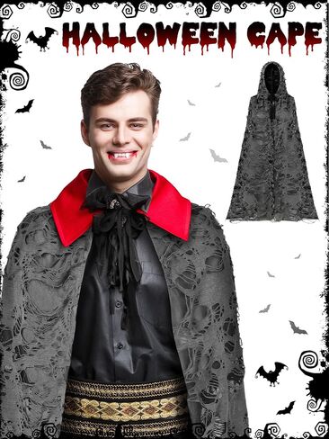 Fourluoo Halloween Tattered Cloak Grim Reaper Hooded Cape Retro Medieval Ghost Black Cape for Adult Halloween Wizard Cosplay in Kuwait