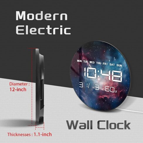 12'' Universe Galaxy LED Digital Wall Clock, Cosmic Space Decor Electric Wall Clock with Calendar & Temperature, Smart Dimming, 12/24hr, Plug in LED for Living Room Bedroom Galaxy Room Decor in Kuwait