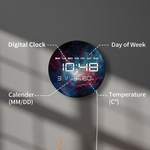 12'' Universe Galaxy LED Digital Wall Clock, Cosmic Space Decor Electric Wall Clock with Calendar & Temperature, Smart Dimming, 12/24hr, Plug in LED for Living Room Bedroom Galaxy Room Decor in Kuwait